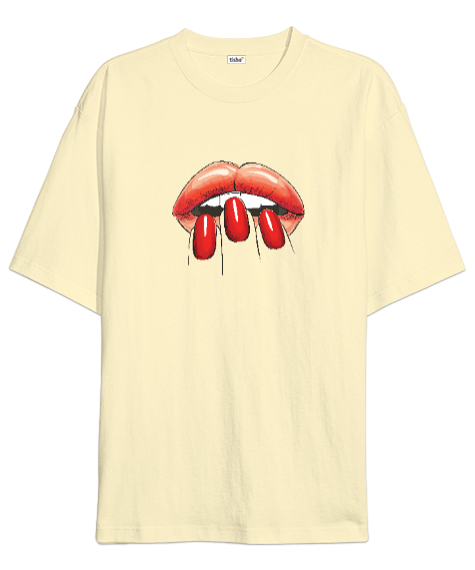 Tisho - Dudak ve Parmaklar - Lips Krem Oversize Unisex Tişört