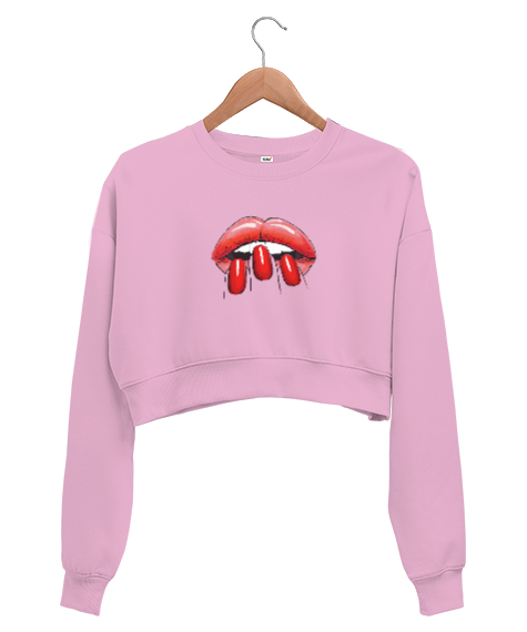 Tisho - Dudak ve Parmaklar - Lips Pembe Kadın Crop Sweatshirt