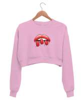 Dudak ve Parmaklar - Lips Pembe Kadın Crop Sweatshirt - Thumbnail