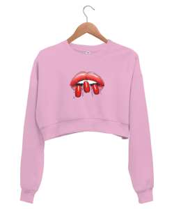 Dudak ve Parmaklar - Lips Pembe Kadın Crop Sweatshirt