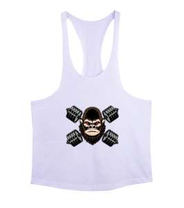 Dumbel ve Sporcu Fitness Orangutan Beyaz Erkek Tank Top Atlet