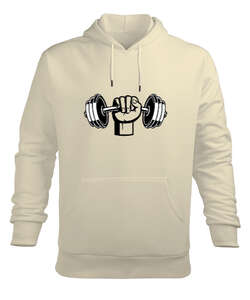 Dumbell yumruk fitness motivasyon Krem Erkek Kapüşonlu Hoodie Sweatshirt