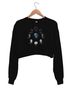 Dünya ve Ay evreleri - World And Moon Siyah Kadın Crop Sweatshirt