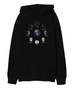 Dünya ve Ay evreleri - World And Moon Siyah Oversize Unisex Kapüşonlu Sweatshirt