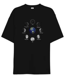 Dünya ve Ay evreleri - World And Moon Siyah Oversize Unisex Tişört