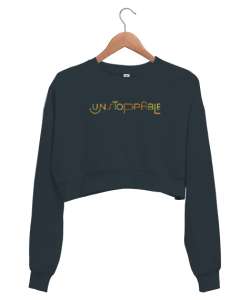 Durdurulamaz - Unstoppable - Slogan Füme Kadın Crop Sweatshirt