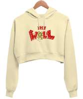 Duvar - The Wall Krem Kadın Crop Hoodie Kapüşonlu Sweatshirt - Thumbnail