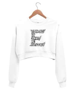 E Harf Tasarım Beyaz Kadın Crop Sweatshirt