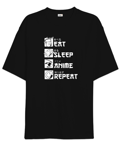 Tisho - Eat Sleep Anime Repeat - Rutin Siyah Oversize Unisex Tişört