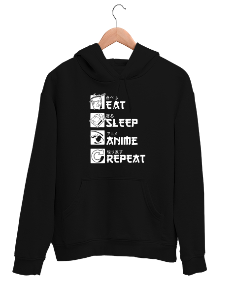 Tisho - Eat Sleep Anime Repeat - Rutin Siyah Unisex Kapşonlu Sweatshirt