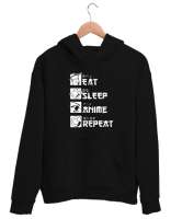 Eat Sleep Anime Repeat - Rutin Siyah Unisex Kapşonlu Sweatshirt - Thumbnail