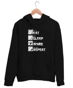 Eat Sleep Anime Repeat - Rutin Siyah Unisex Kapşonlu Sweatshirt