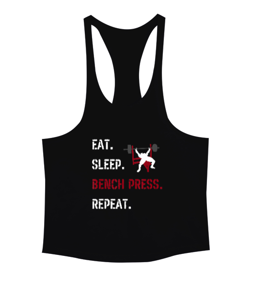 Eat Sleep Bench Press Repeat Baskılı Siyah Erkek Tank Top Atlet