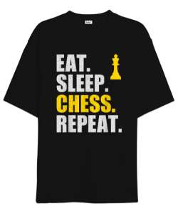 Eat Sleep Chess Repeat Tasarım Baskılı Siyah Oversize Unisex Tişört