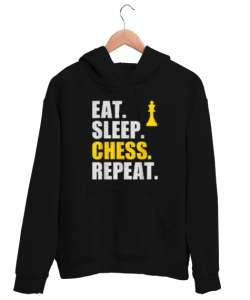 Eat Sleep Chess Repeat Tasarım Baskılı Siyah Unisex Kapşonlu Sweatshirt