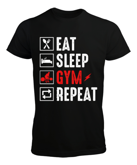 Tisho - Eat Sleep Gym Repeat Siyah Erkek Tişört