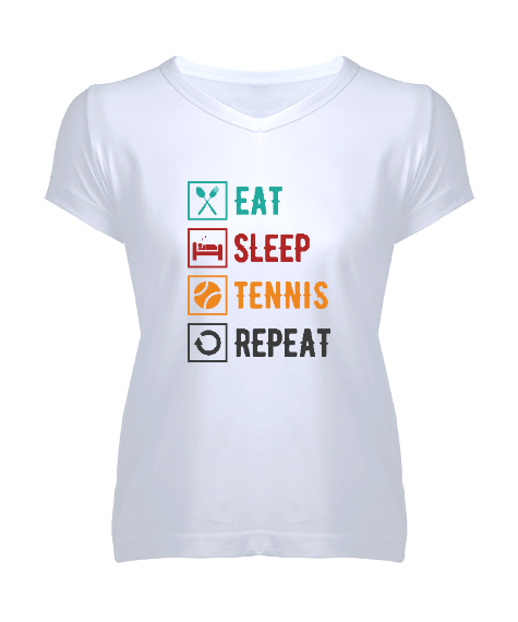 Tisho - Eat Sleep Tennis Repeat - Ye Uyu Tenis Rutin Beyaz Kadın V Yaka Tişört