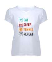 Eat Sleep Tennis Repeat - Ye Uyu Tenis Rutin Beyaz Kadın V Yaka Tişört - Thumbnail