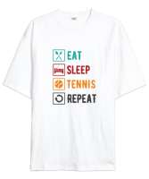 Eat Sleep Tennis Repeat - Ye Uyu Tenis Rutin Beyaz Oversize Unisex Tişört - Thumbnail