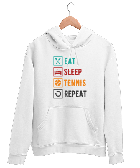 Tisho - Eat Sleep Tennis Repeat - Ye Uyu Tenis Rutin Beyaz Unisex Kapşonlu Sweatshirt