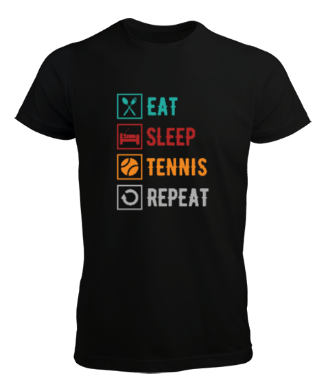 Tisho - Eat Sleep Tennis Repeat - Ye Uyu Tenis Rutin Siyah Erkek Tişört