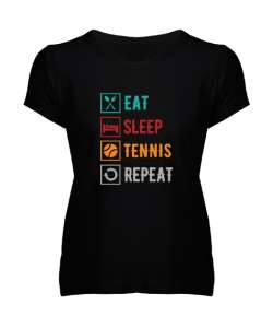 Eat Sleep Tennis Repeat - Ye Uyu Tenis Rutin Siyah Kadın V Yaka Tişört