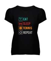 Eat Sleep Tennis Repeat - Ye Uyu Tenis Rutin Siyah Kadın V Yaka Tişört - Thumbnail