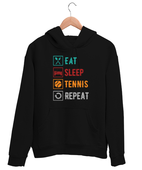 Tisho - Eat Sleep Tennis Repeat - Ye Uyu Tenis Rutin Siyah Unisex Kapşonlu Sweatshirt