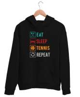 Eat Sleep Tennis Repeat - Ye Uyu Tenis Rutin Siyah Unisex Kapşonlu Sweatshirt - Thumbnail