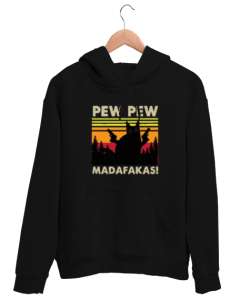 Eğlenceli Kedi Dizaynları Pew Pew Siyah Unisex Kapşonlu Sweatshirt