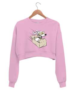 Eğlenen Neşeli Sevimli Köpek Pembe Kadın Crop Sweatshirt