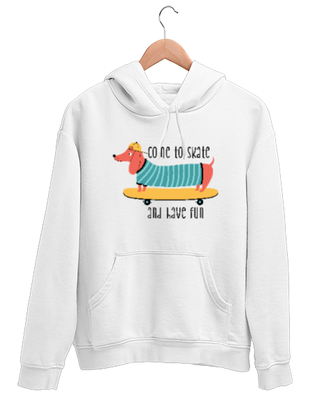 Tisho - Eğlenen Sevimli Köpek - Scooter Beyaz Unisex Kapşonlu Sweatshirt