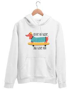 Eğlenen Sevimli Köpek - Scooter Beyaz Unisex Kapşonlu Sweatshirt