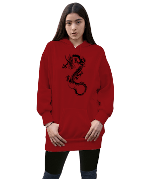 Ejderha desenli Kadın Uzun Hoodie Kapüşonlu Sweatshirt