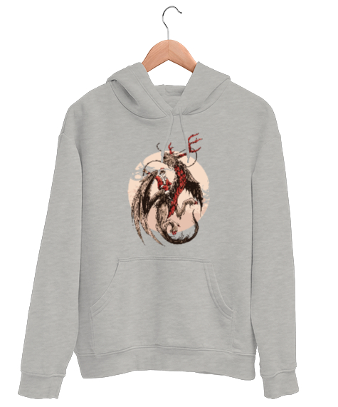 Tisho - Ejderha Geyik ve Noel Baba - Dragon Deer Gri Unisex Kapşonlu Sweatshirt