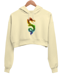 Ejderha Tasarım Baskılı Kadın Crop Hoodie Kapüşonlu Sweatshirt