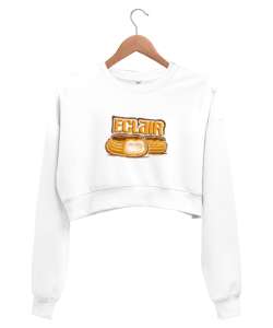 Ekler baskılı Beyaz Kadın Crop Sweatshirt