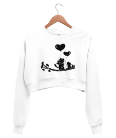 Elinde Kalpli Balon Tutan Kedi Kadın Crop Sweatshirt