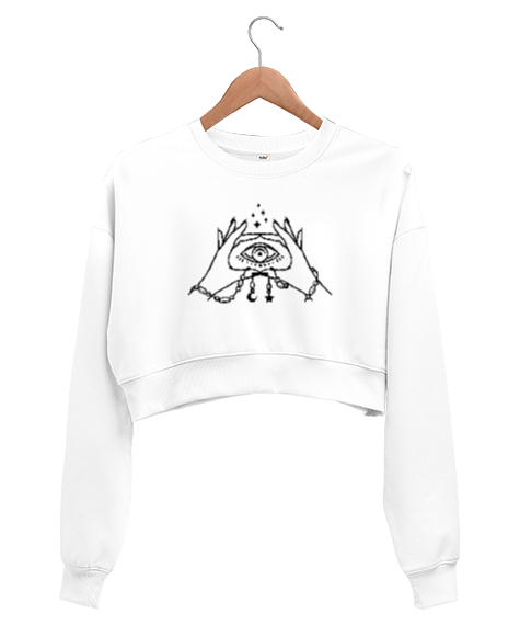 Tisho - Eller ve Göz - Mistik Beyaz Kadın Crop Sweatshirt