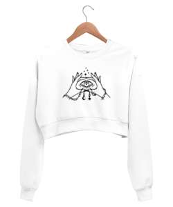 Eller ve Göz - Mistik Beyaz Kadın Crop Sweatshirt