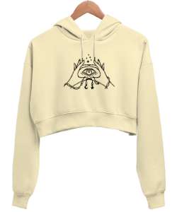 Eller ve Göz - Mistik Krem Kadın Crop Hoodie Kapüşonlu Sweatshirt