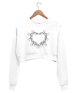 Eller ve Kalp Beyaz Kadın Crop Sweatshirt