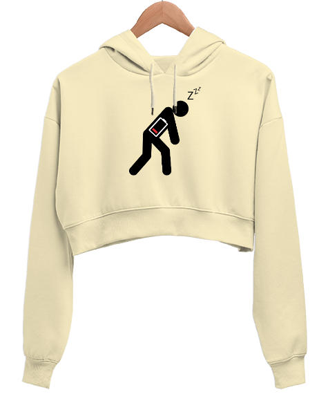 Tisho - Enerjisi Azalmış - Yorgun Uykulu Krem Kadın Crop Hoodie Kapüşonlu Sweatshirt