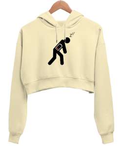 Enerjisi Azalmış - Yorgun Uykulu Krem Kadın Crop Hoodie Kapüşonlu Sweatshirt