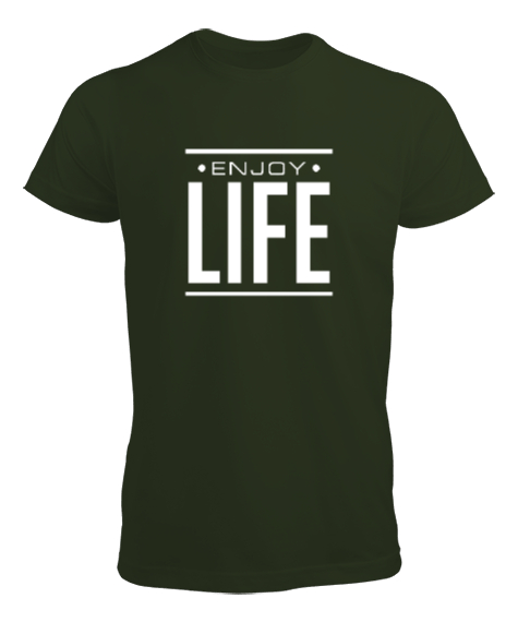 Tisho - Enjoy Life - Hayatın Tadını Çıkar - Slogan Haki Yeşili Erkek Tişört