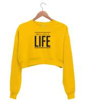 Enjoy Life - Hayatın Tadını Çıkar - Slogan Sarı Kadın Crop Sweatshirt - Thumbnail