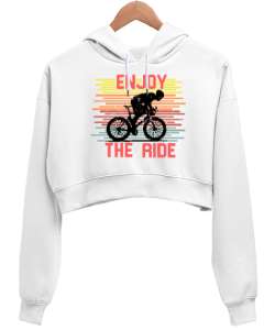 Enjoy The Ride Beyaz Kadın Crop Hoodie Kapüşonlu Sweatshirt