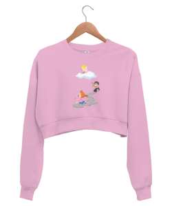 Eros Temalı Pembe Kadın Crop Sweatshirt