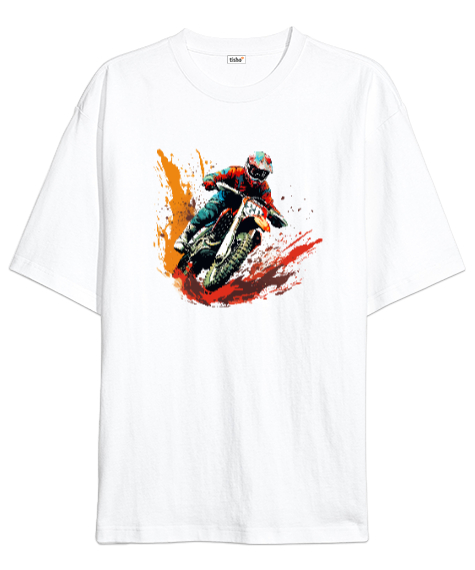 Tisho - Extreme Motosiklet Yarışı - Motocross Beyaz Oversize Unisex Tişört