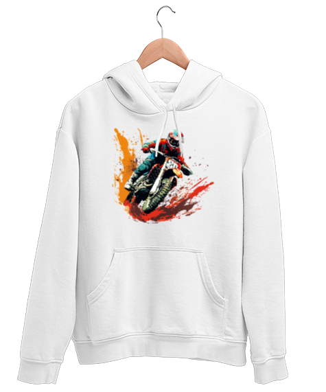 Tisho - Extreme Motosiklet Yarışı - Motocross Beyaz Unisex Kapşonlu Sweatshirt